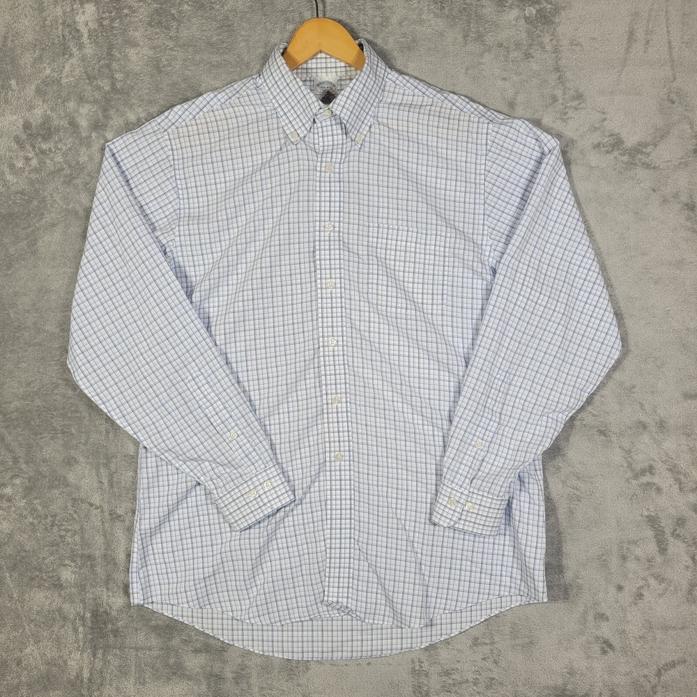 Brooks Brothers Shirt Mens 16.5-4/5 White Blue Check Plaid Button Up Slim Fit